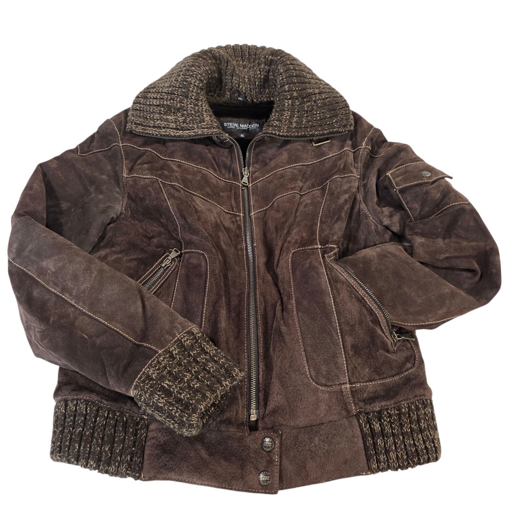 Steve Madden Long Island Aviator Leather Jacket Womens M Brown Winter‎ Retro